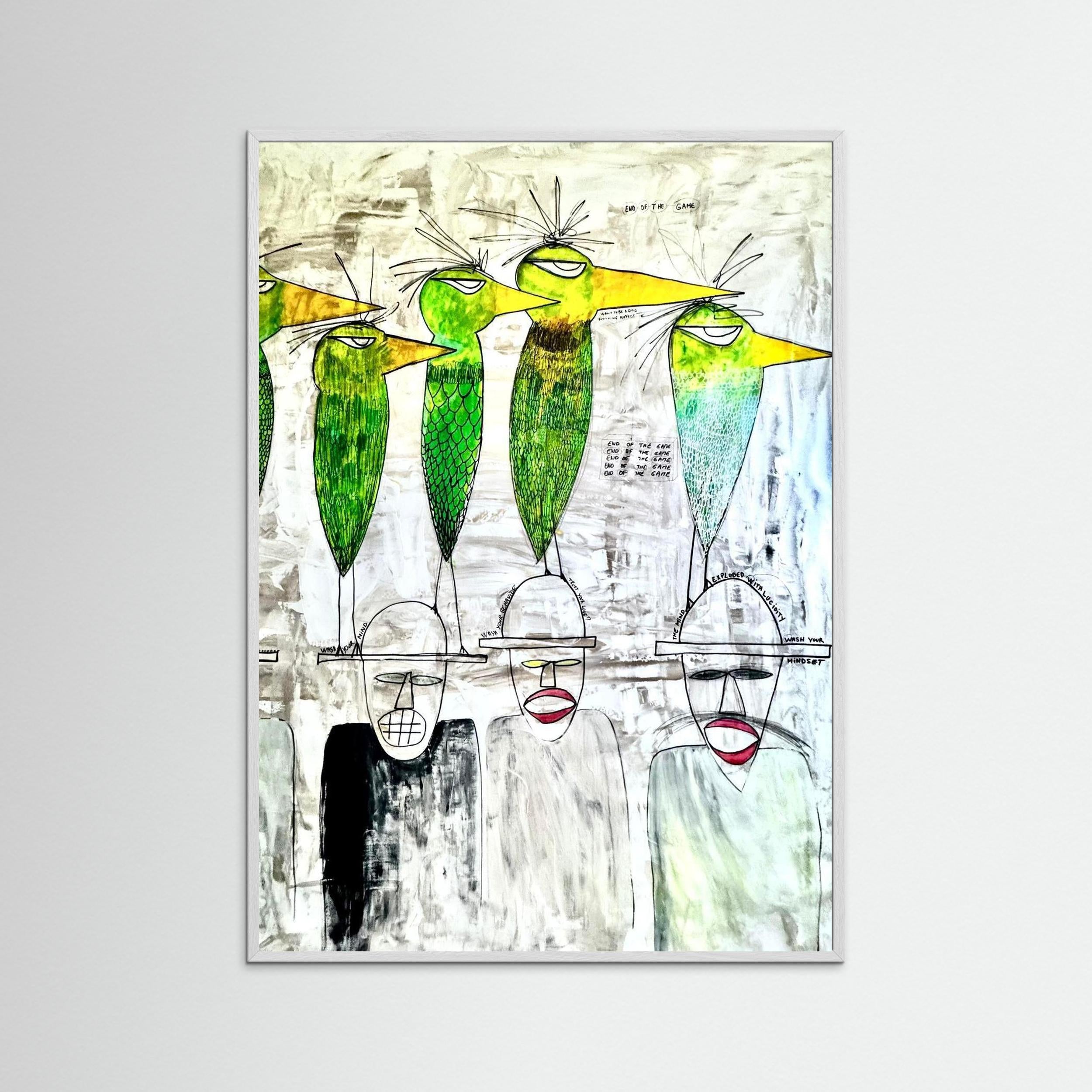 Parakeet & Humans thinking on future. Limited Edition. Print on Fine Art Paper.
