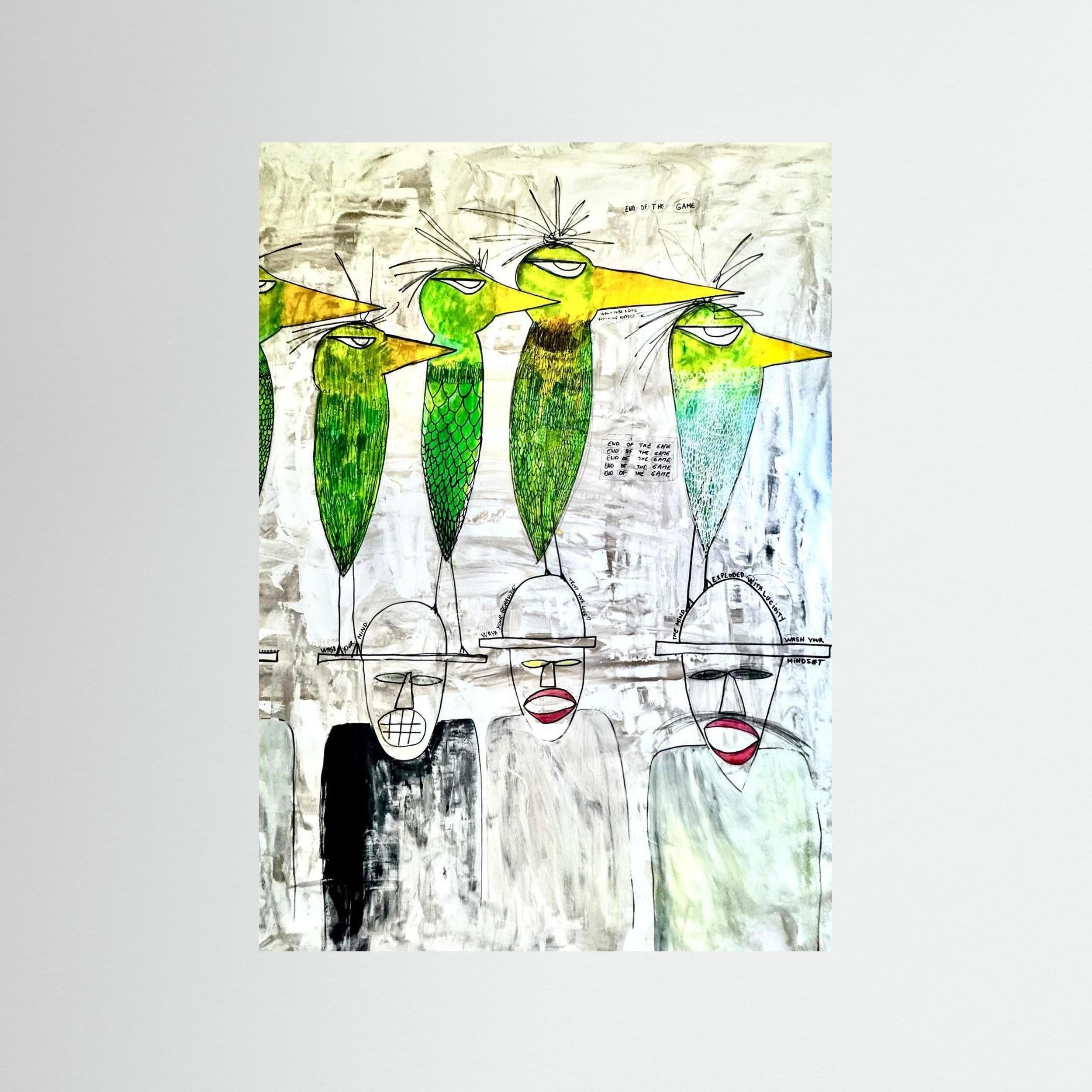 Parakeet & Humans thinking on future. Limited Edition. Print on Fine Art Paper.
