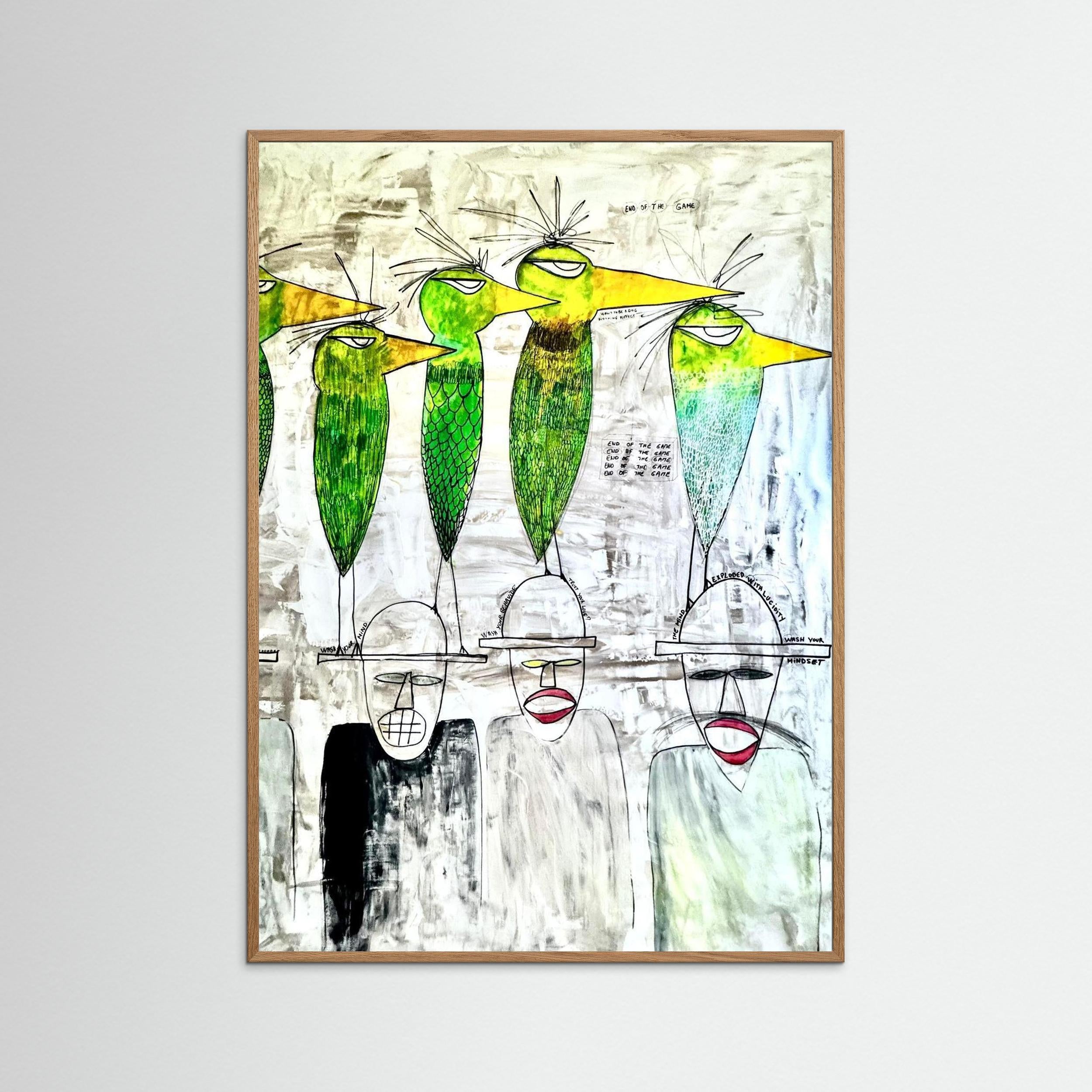 Parakeet & Humans thinking on future. Limited Edition. Print on Fine Art Paper.