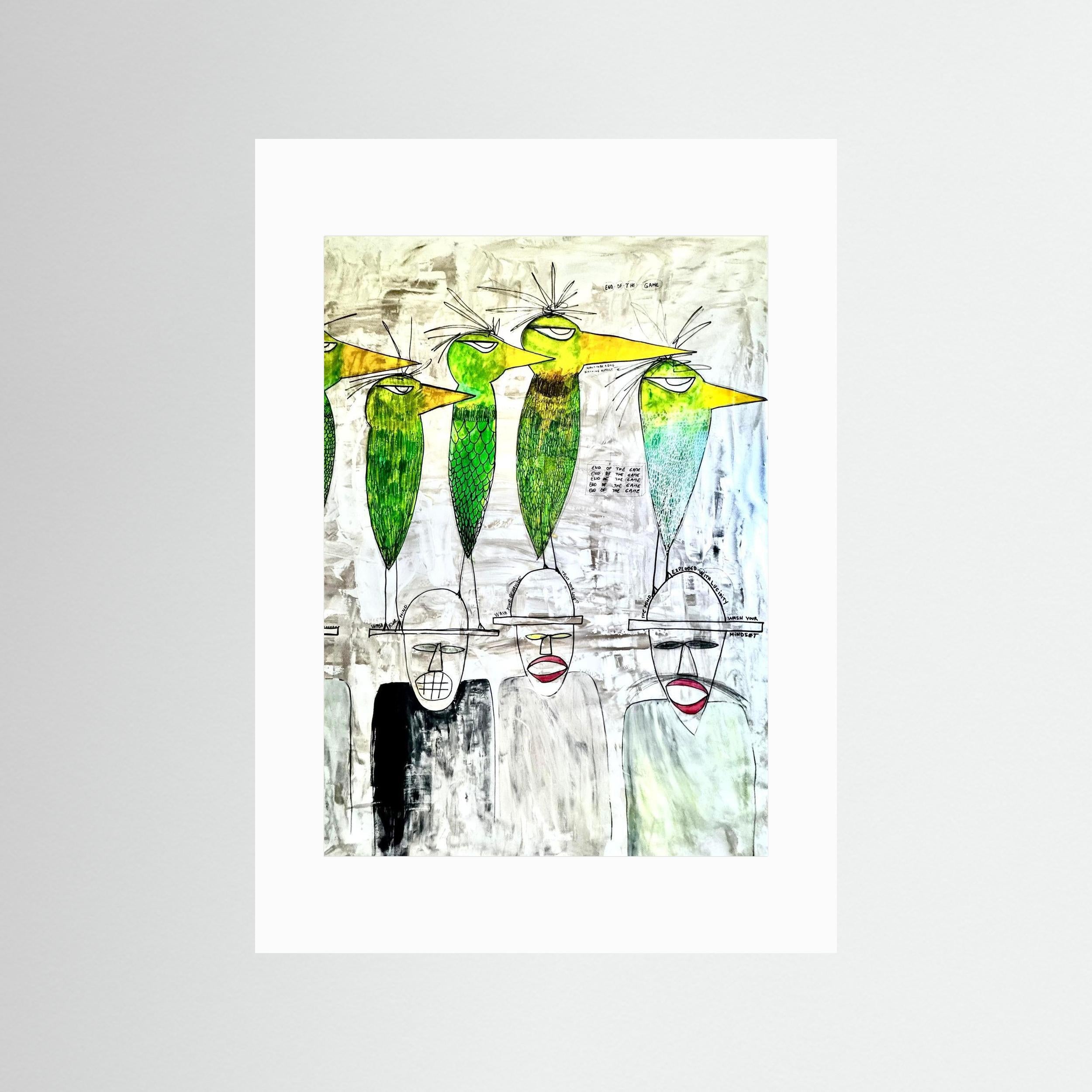 Parakeet & Humans thinking on future. Limited Edition. Print on Fine Art Paper.