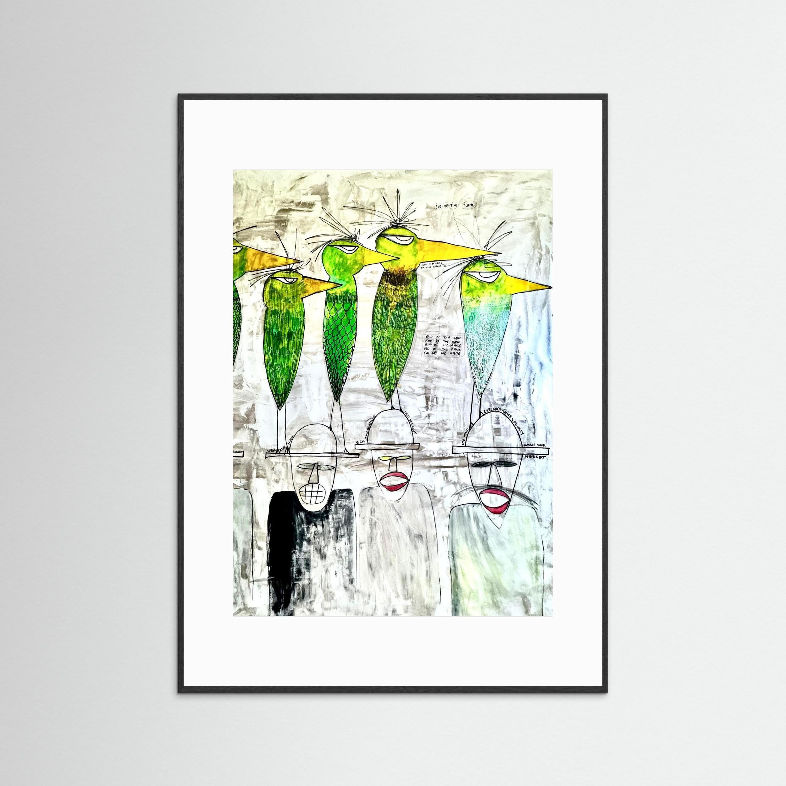 Parakeet & Humans thinking on future. Limited Edition. Print on Fine Art Paper.