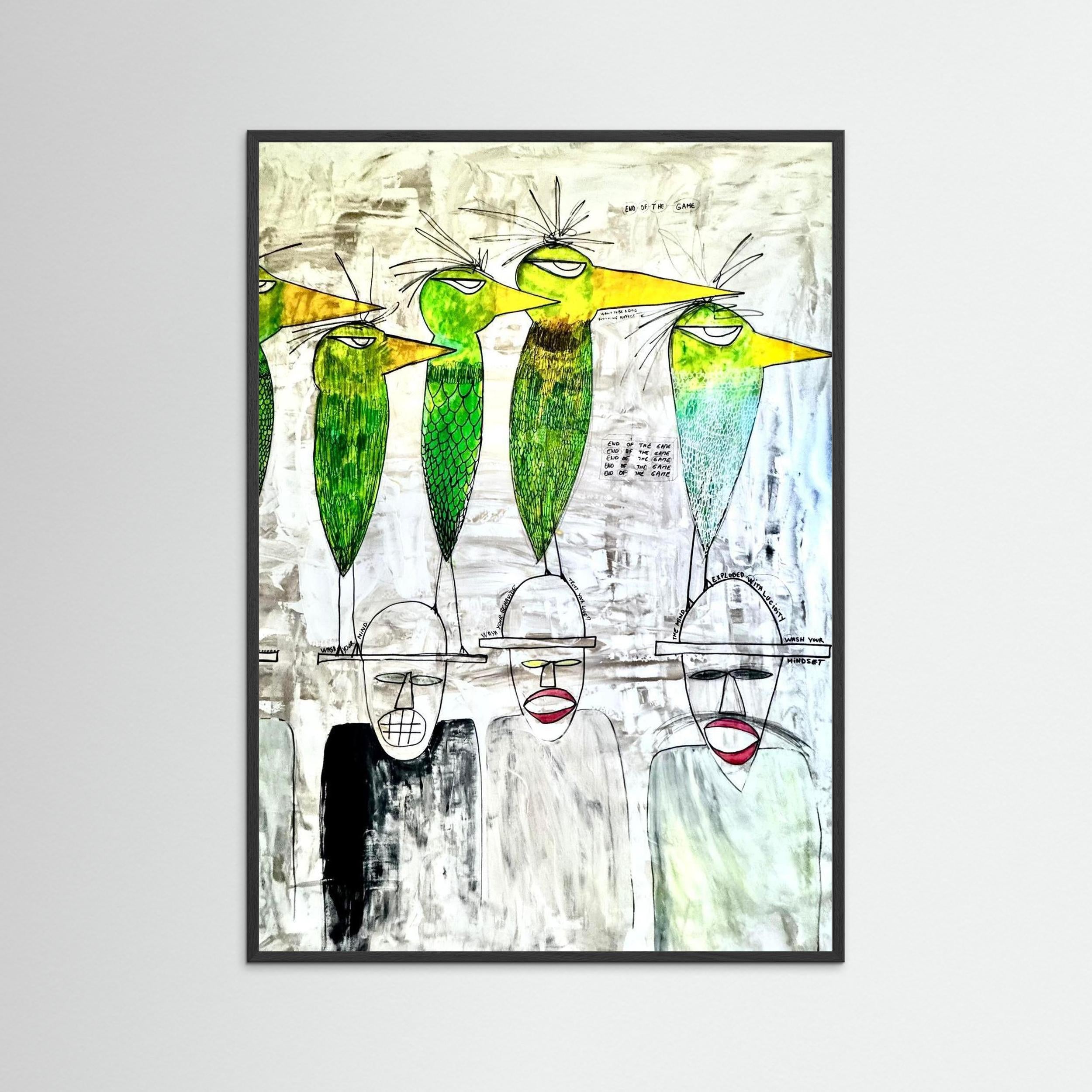 Parakeet & Humans thinking on future. Limited Edition. Print on Fine Art Paper.